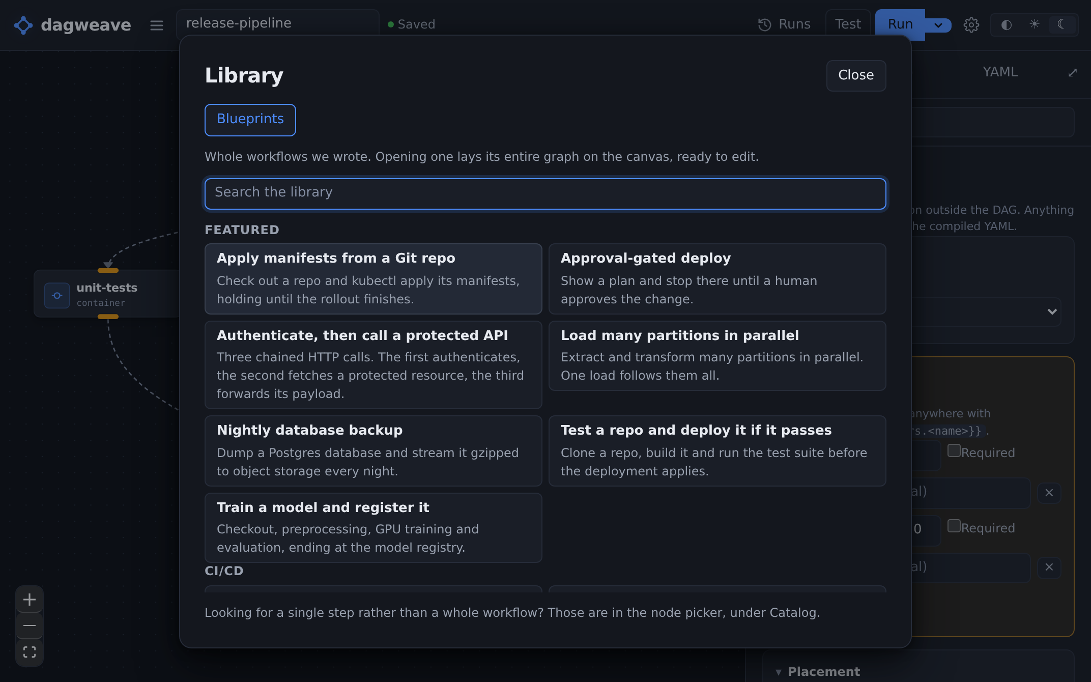 The library open on blueprints, seven featured starter workflows in view: API orchestration, an approval-gated deploy, CI build-test-deploy, a parallel-partition ETL, GitOps from a repo, ML train-evaluate-register and a nightly database backup, with the CI/CD category beginning underneath.