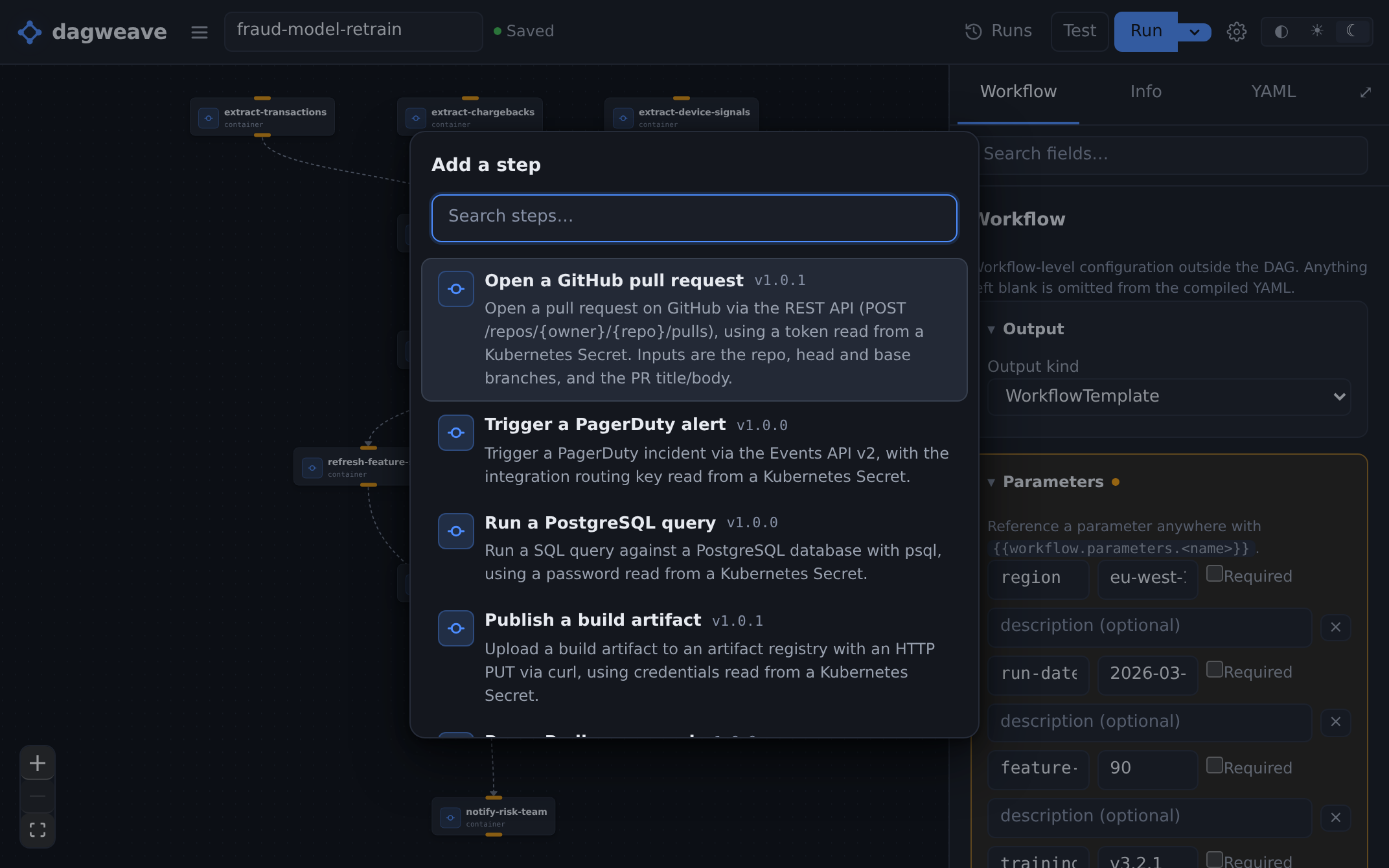 The node picker open on the catalog group, each entry carrying its own version.