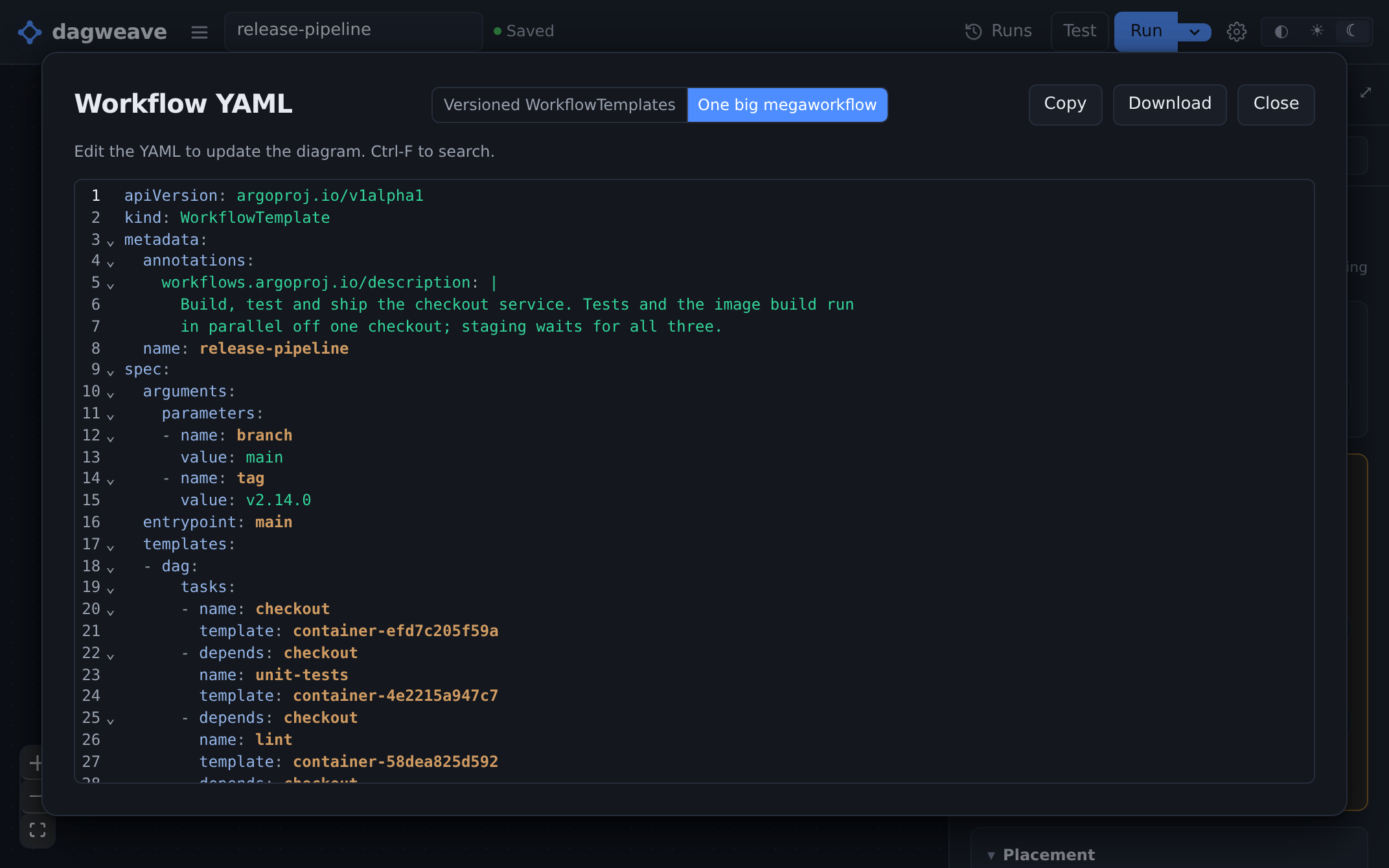 The file a publish writes, open before it goes anywhere: an ordinary Argo Workflows WorkflowTemplate called release-pipeline, with the description of what it builds, its branch and tag parameters, and a dag whose tasks name the template each one runs and what it depends on. A toggle above chooses the shape it lands in, a file per reusable template or one big megaworkflow, and Copy and Download sit beside it.