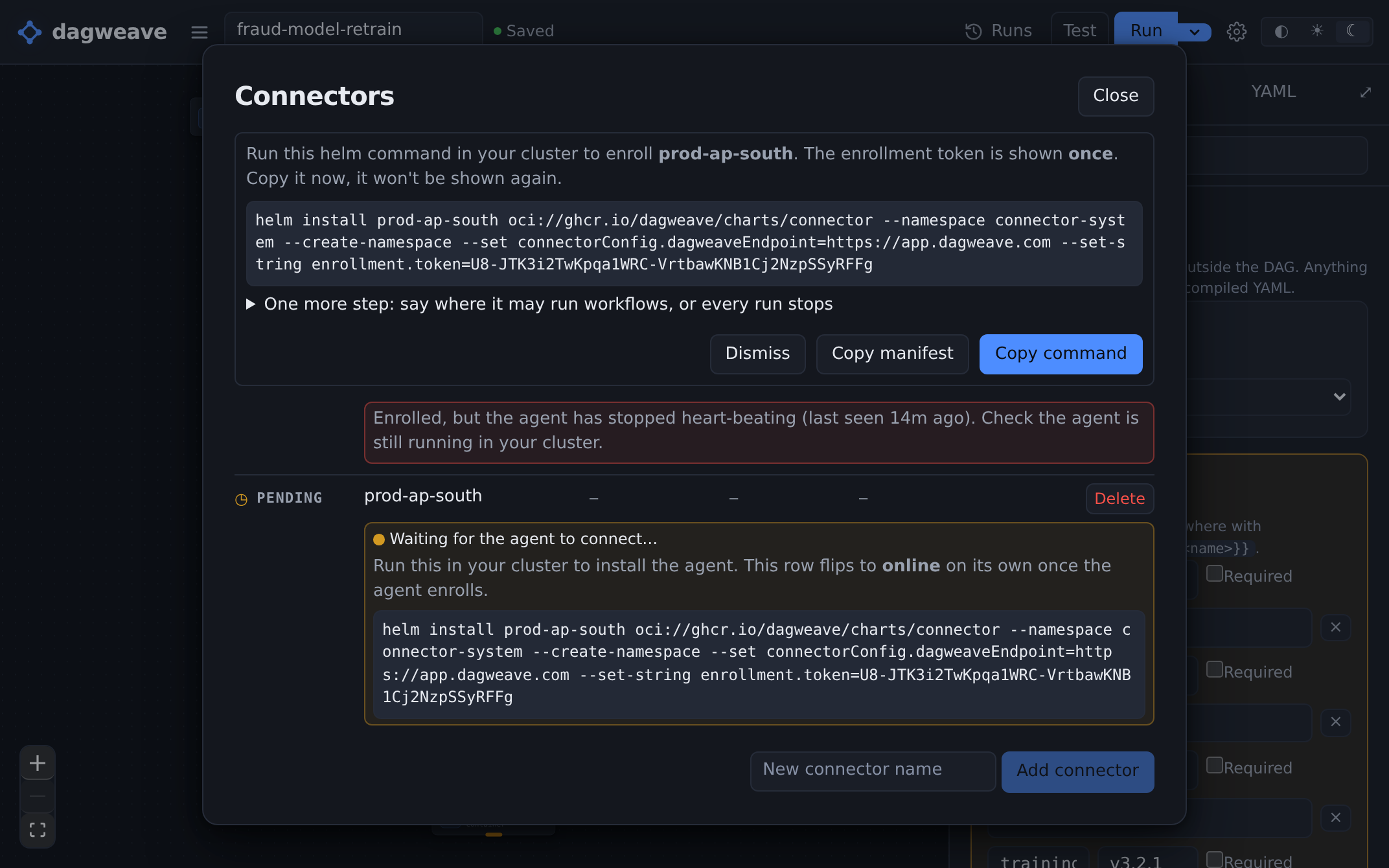 dagweave generating the helm command to enrol a fifth cluster, the new row sitting pending until the agent checks in, beside three clusters online and one that has stopped heart-beating.