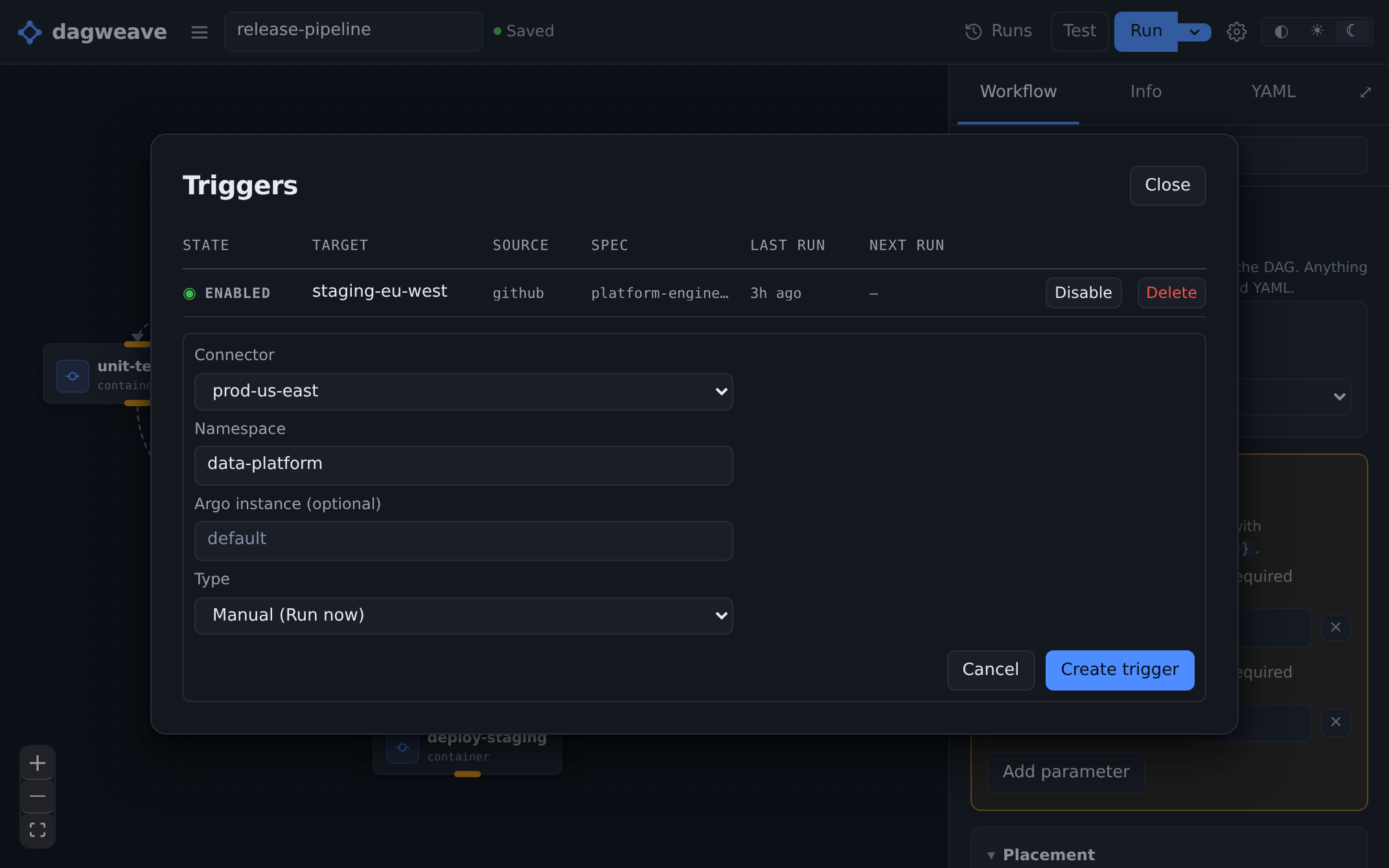 The Triggers dialog on release-pipeline. One enabled github trigger already fires it at staging-eu-west, last run 3h ago, and a second is being added underneath with Connector set to prod-us-east, Namespace data-platform and Type Manual.