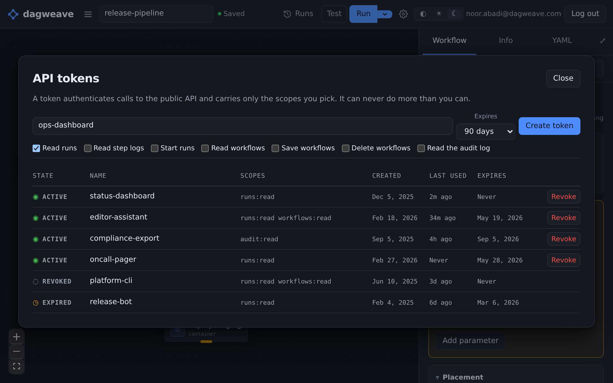 A token being cut for a status dashboard: named ops-dashboard, set to expire in 90 days, with Read runs the only box ticked. The six it leaves clear are step logs, starting runs, reading workflows, saving them, deleting them, and the audit log. Under the form are the six tokens already issued, four active, one revoked and one expired, so this one joins a list rather than replacing anything, and Create token is the only step left.