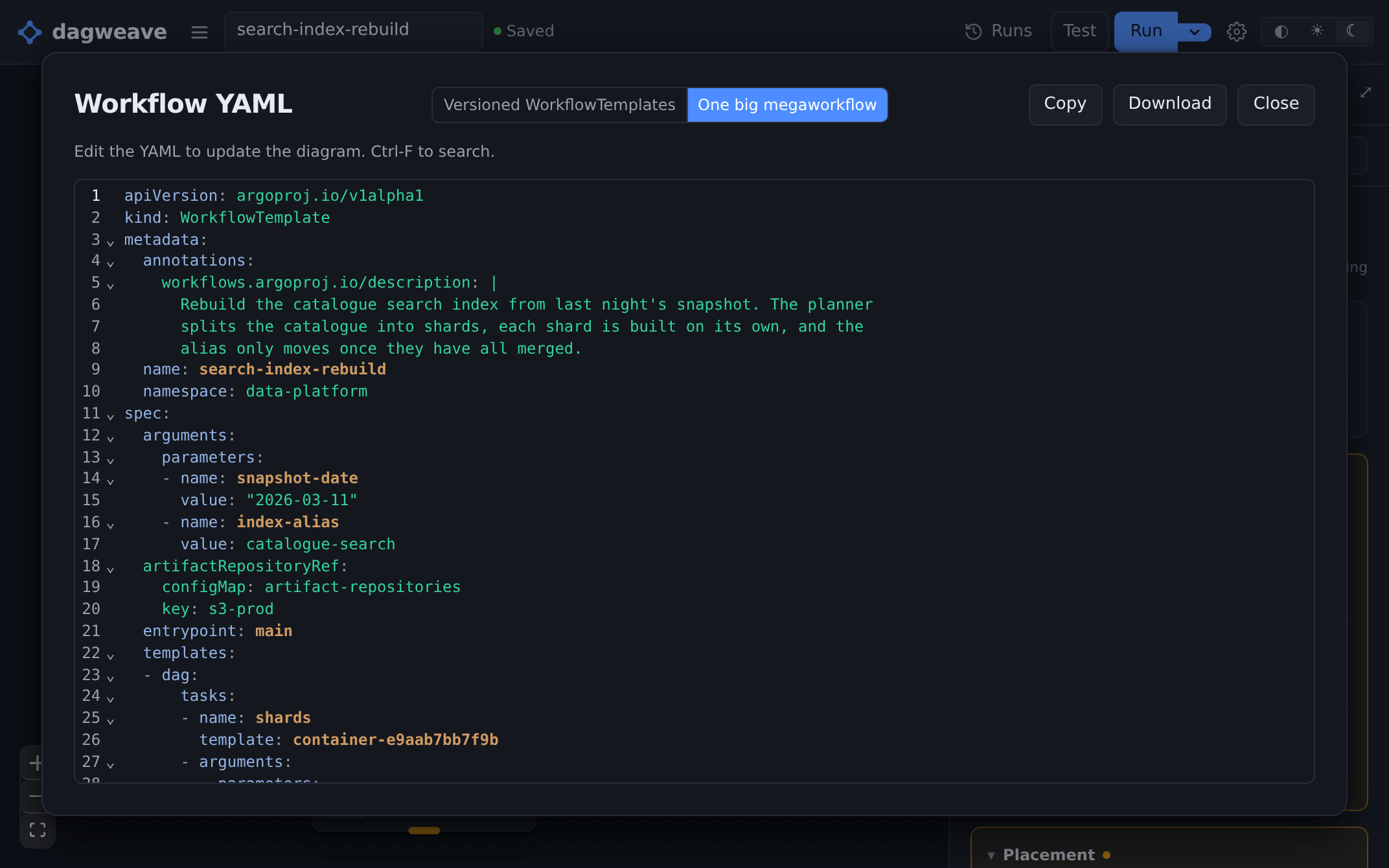 An imported manifest open in the editor it will be published from. It is still a WorkflowTemplate called search-index-rebuild in namespace data-platform, still carrying the description, the snapshot-date and index-alias parameters and the artifactRepositoryRef the original file had. The hint above the editor says editing the YAML updates the diagram, so the canvas and the file are the same thing, and a toggle chooses whether it lands as a file per reusable template or as one big megaworkflow.