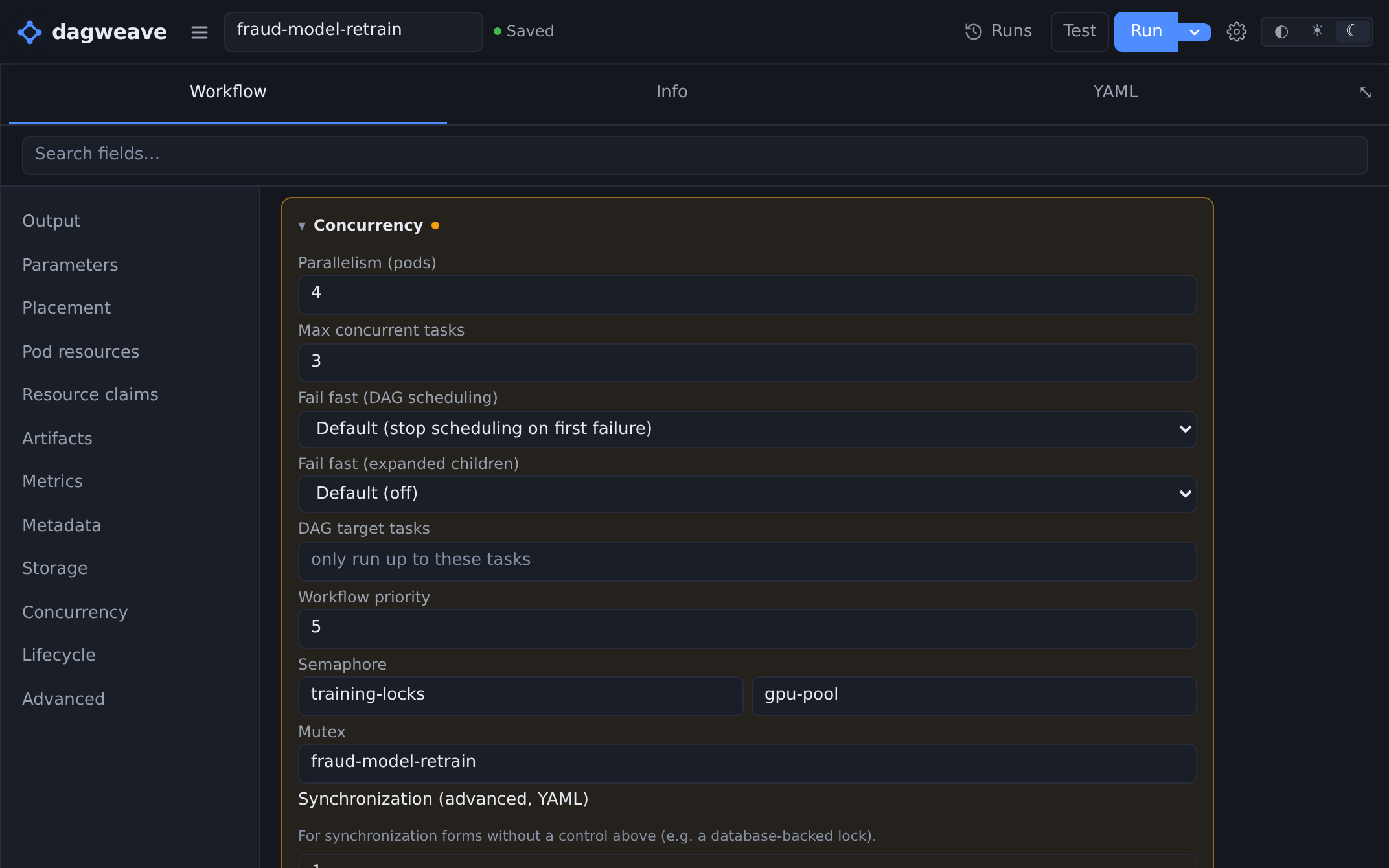 The workflow's Concurrency fields in the editor: parallelism 4, max concurrent tasks 3, workflow priority 5, a semaphore on the gpu-pool key of training-locks, and a mutex named fraud-model-retrain.