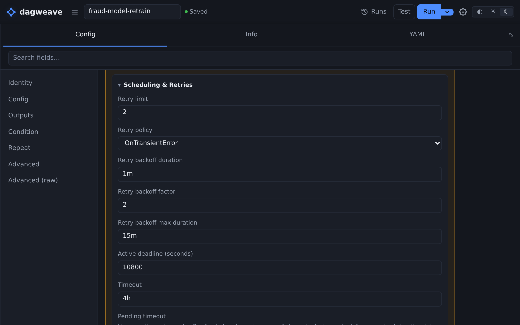 A step's inspector: retry limit, retry policy, backoff, active deadline and timeout, all as form fields.
