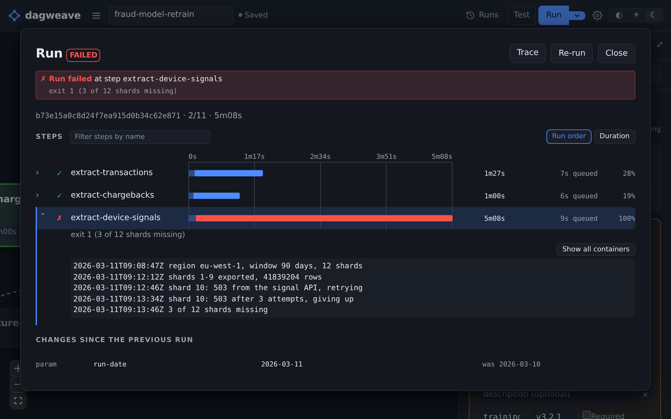 A run stopped at extract-device-signals with exit 1 and three of twelve shards missing, and the step's own log under it: shards 1 to 9 exported at 41839204 rows, then two 503s from the signal API before it gave up.