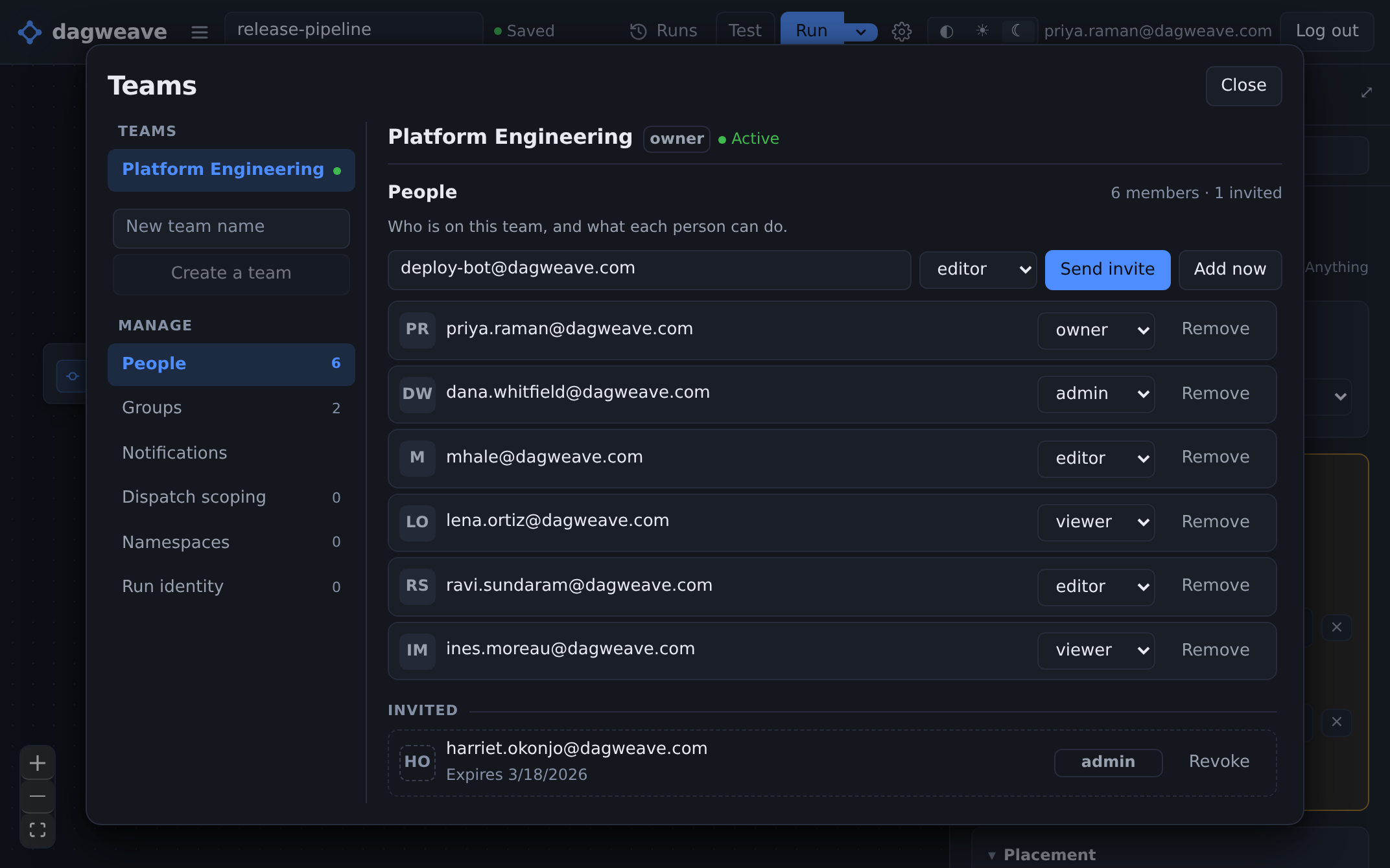 The People pane for the Platform Engineering team: an invite box with a role picker, six members each with a role dropdown reading owner, admin, editor or viewer and a Remove button, and one pending admin invite that can still be revoked.