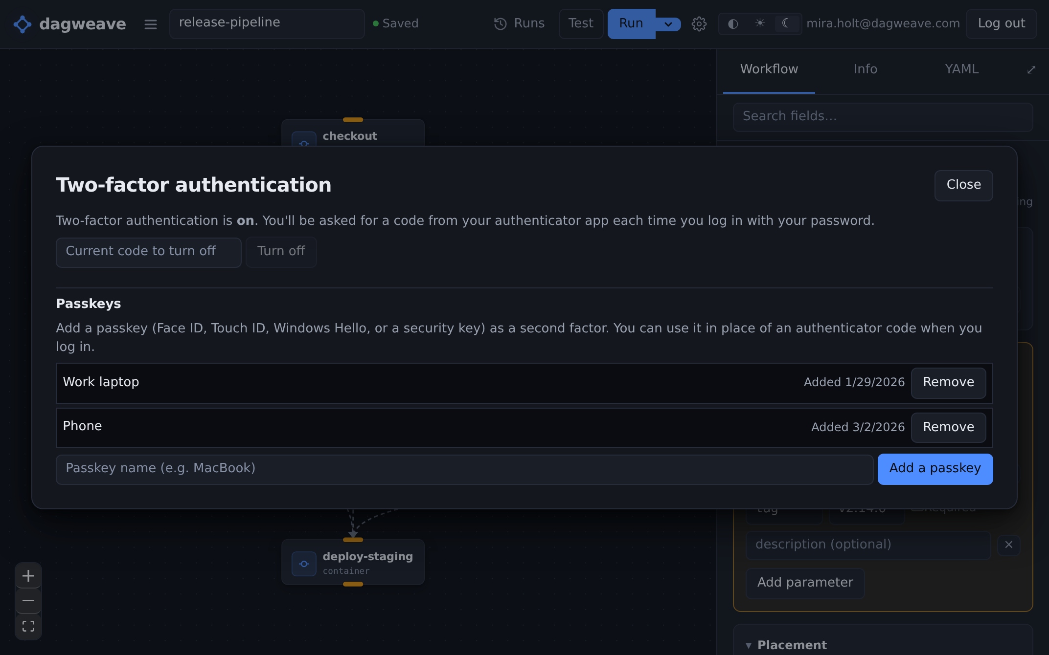 The two-factor panel of one account, already switched on: a code from an authenticator app is asked for at every password login, and turning that off again needs a current code. Two passkeys sit under it, a work laptop added in January and a phone added in March, each with its own Remove, and an empty name box beside Add a passkey for the next device.